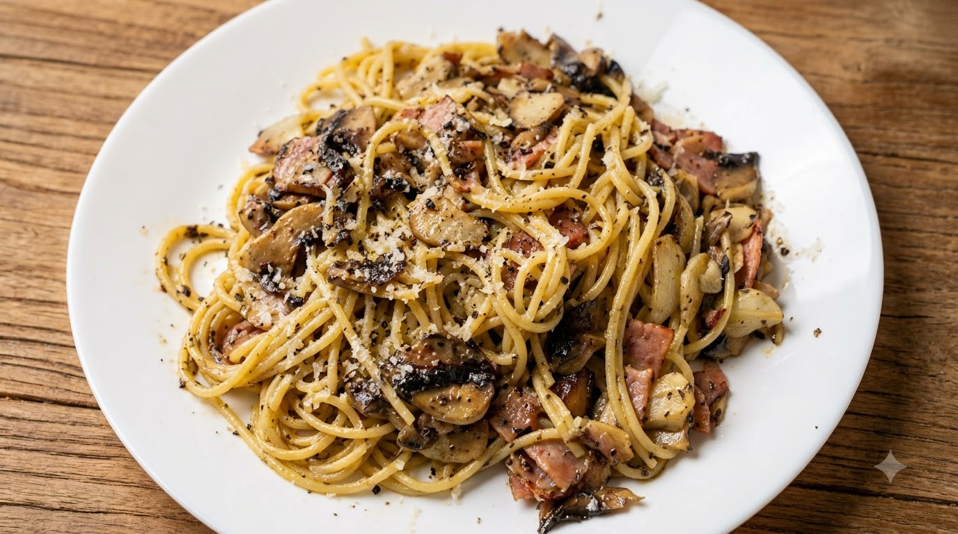 Gourmandise de Pâtes aux Truffes Noires, Bacon et Champignons