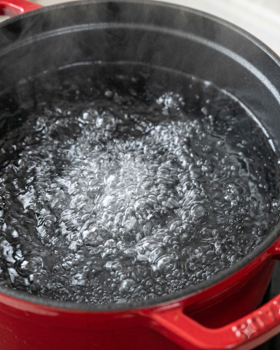 Spaghetti gotujące się w garnku z intensywnie wrzącą wodą.