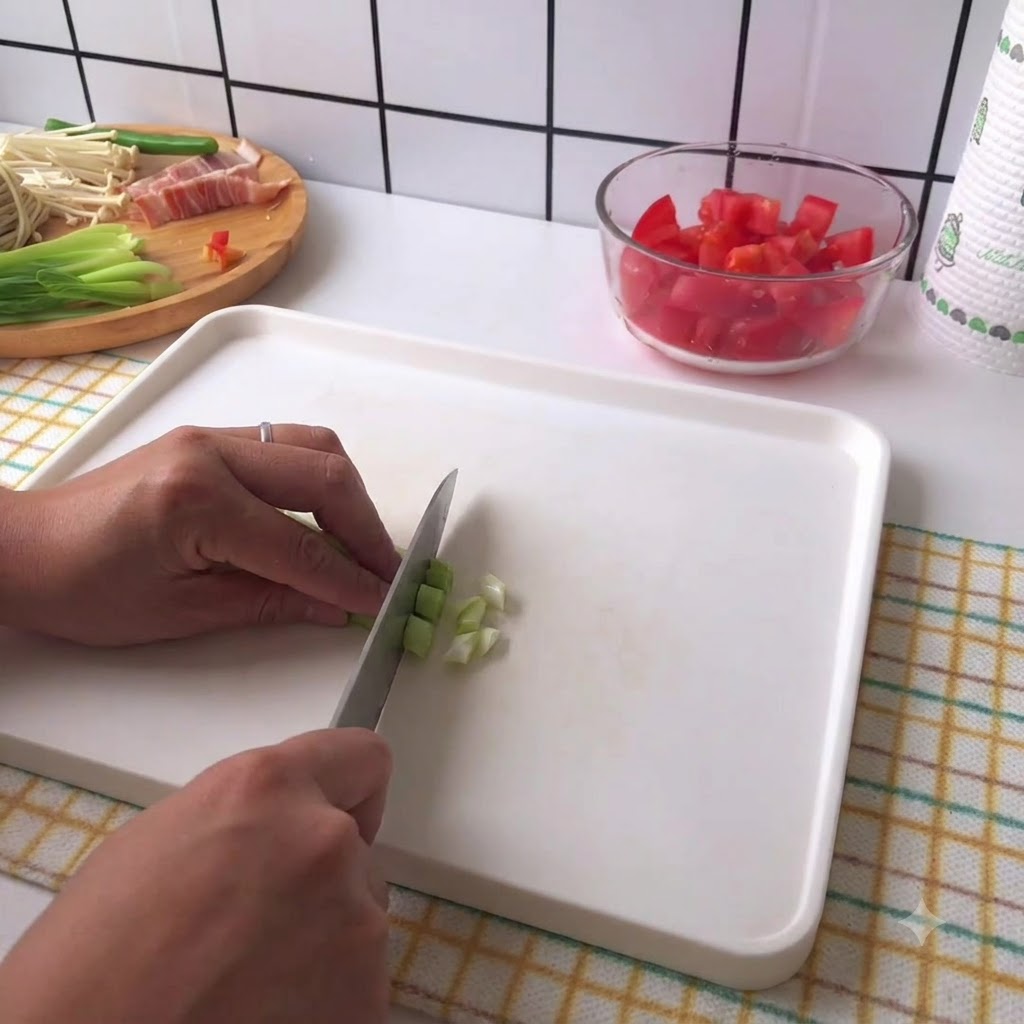 Ręce ostrożnie krojące zieloną cebulkę na białej desce do krojenia.