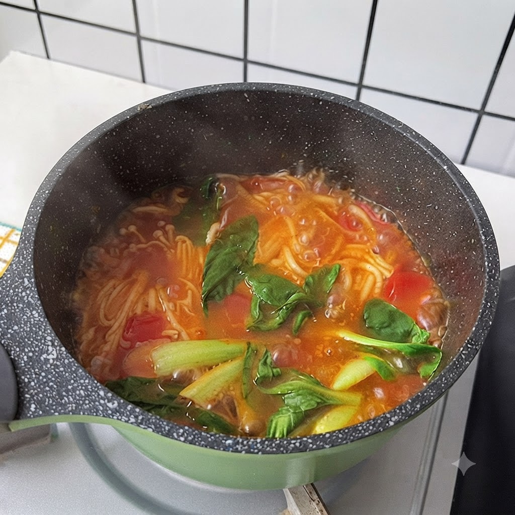 Liście bok choy i kolendra więdnące w garnku z gorącą zupą makaronową.