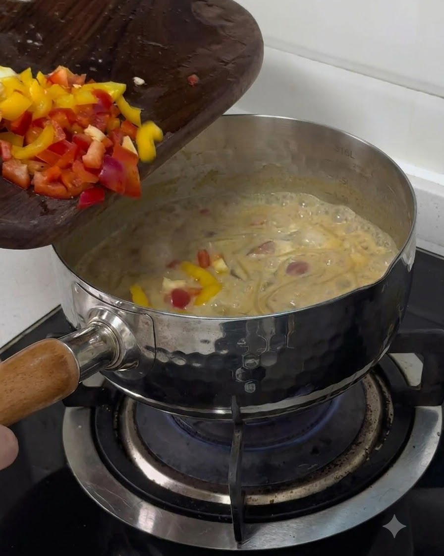 Pokrojoną czerwoną i żółtą paprykę zsuwaną z deski do bulgoczącego garnka z makaronem.