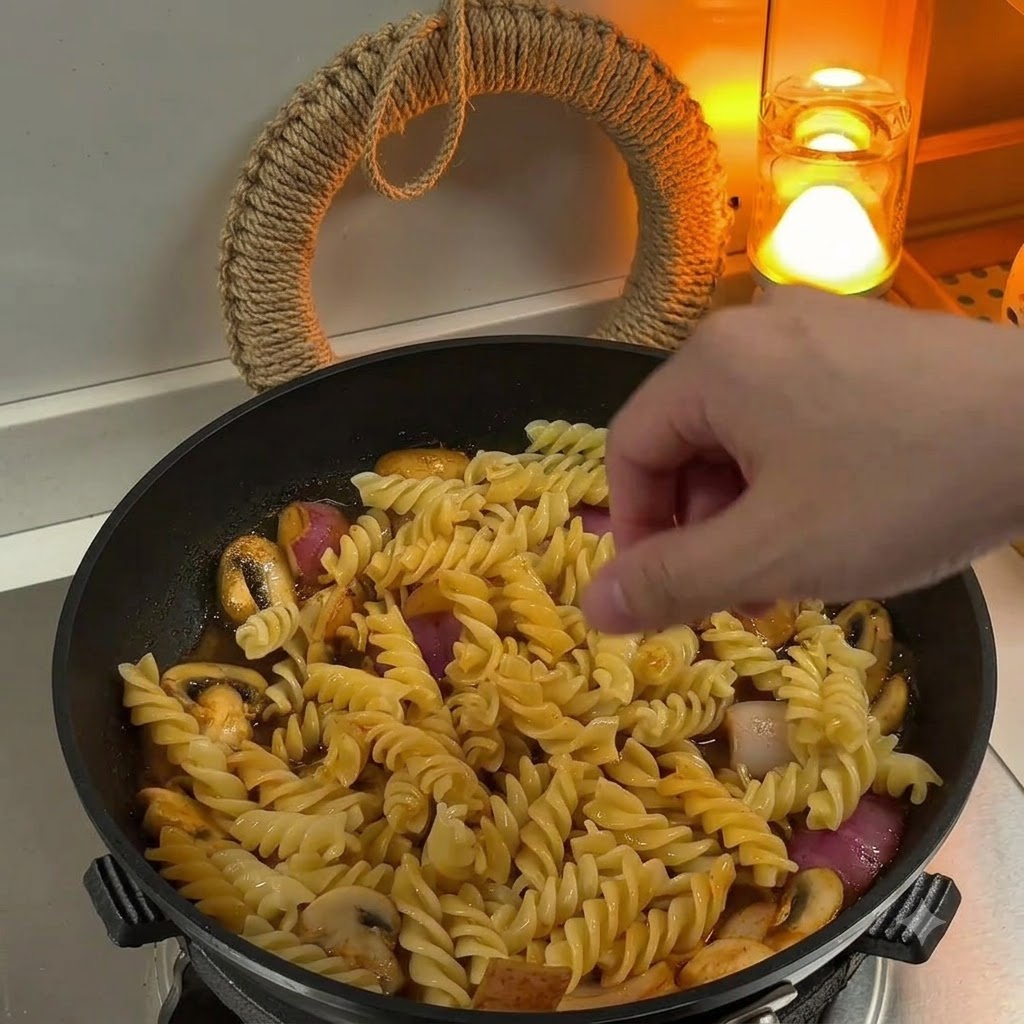 Przekrojone na pół pomidorki koktajlowe i śmietanka dodawane do patelni z makaronem.