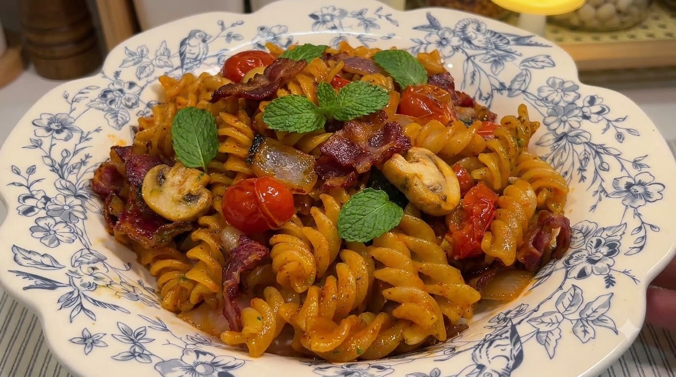 Talerz makaronu fusilli oblanego sosem w stylu koreańskim z boczkiem, grzybami i pomidorkami koktajlowymi, udekorowany świeżymi liśćmi mięty