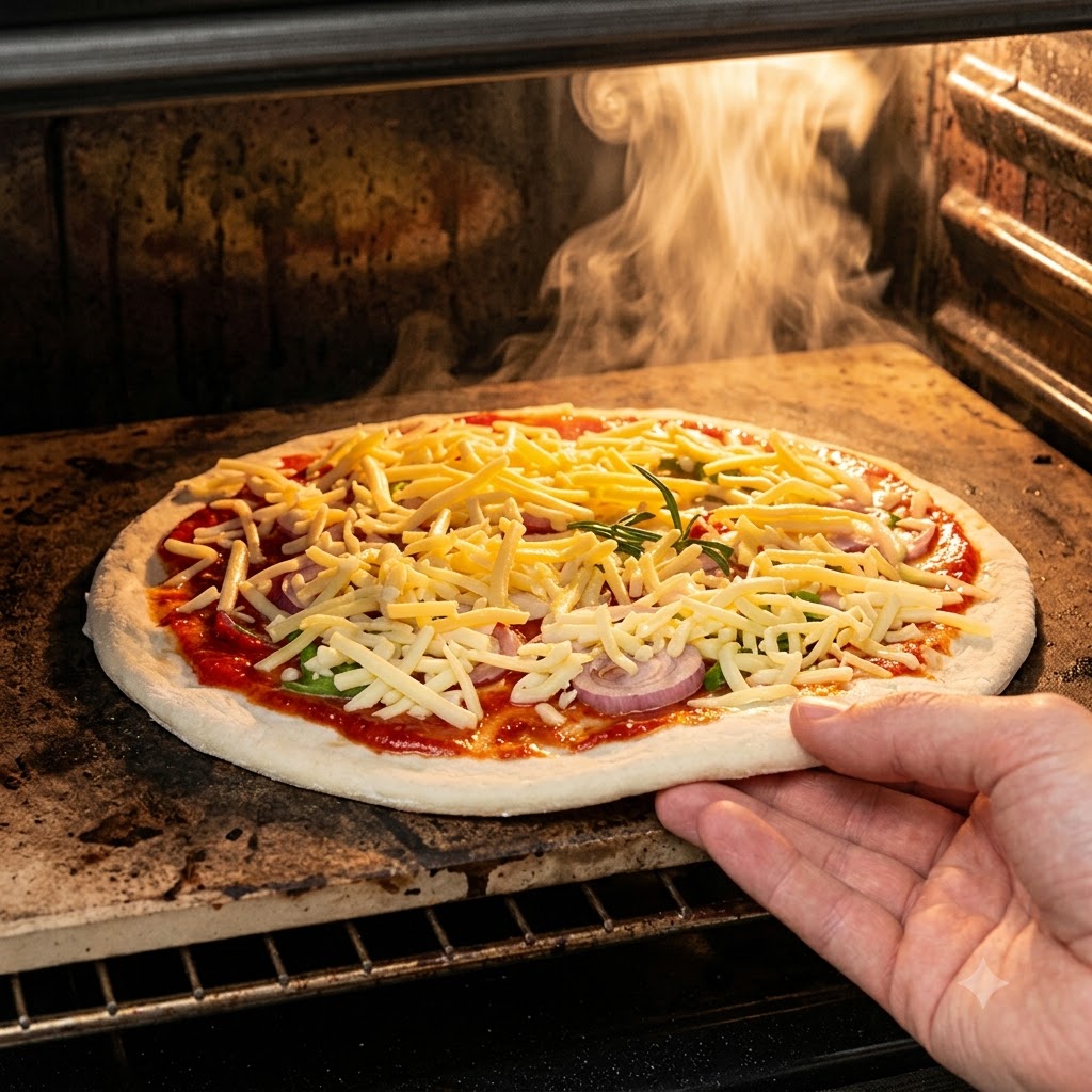 Dłoń wsuwająca surową, przygotowaną pizzę do gorącego pieca z widocznymi w tle płomieniami.