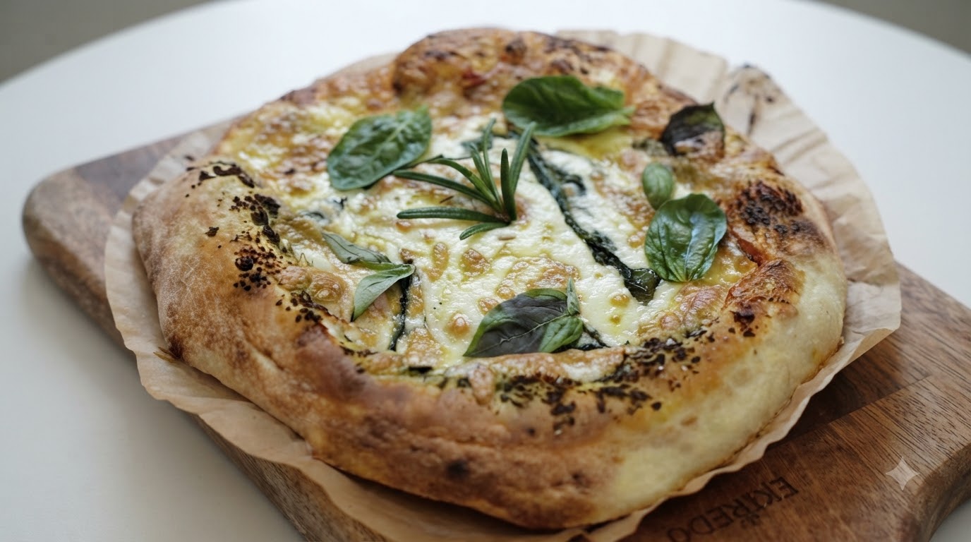 Świeżo upieczona pizza z pesto na drewnianej desce, udekorowana świeżą bazylią i rozmarynem.