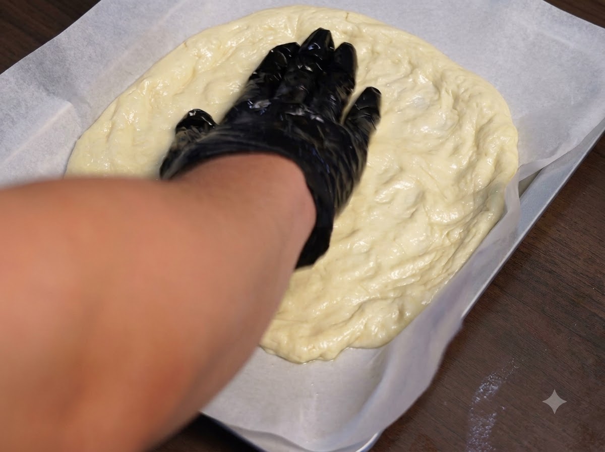 Starty ser rozsypywany na spłaszczonej warstwie ciasta na pizzę.