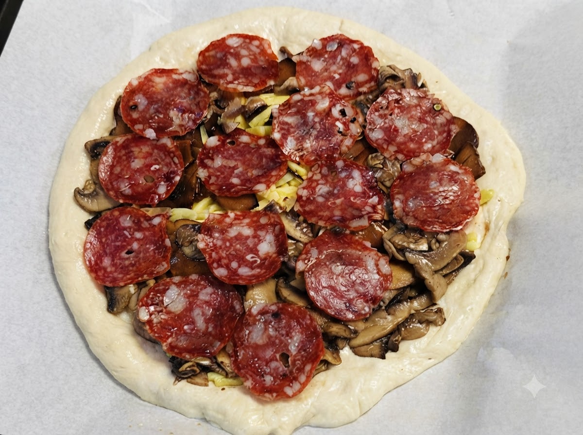 W pełni przygotowana pizza gotowa do włożenia do gorącego piekarnika.
