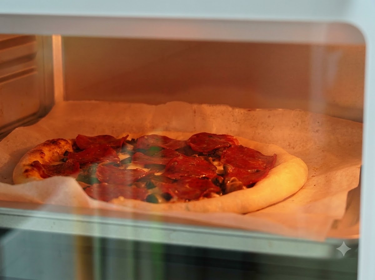 Widok z bliska przez szklane drzwi piekarnika pokazujący częściowo upieczoną pizzę posypywaną większą ilością startego sera.