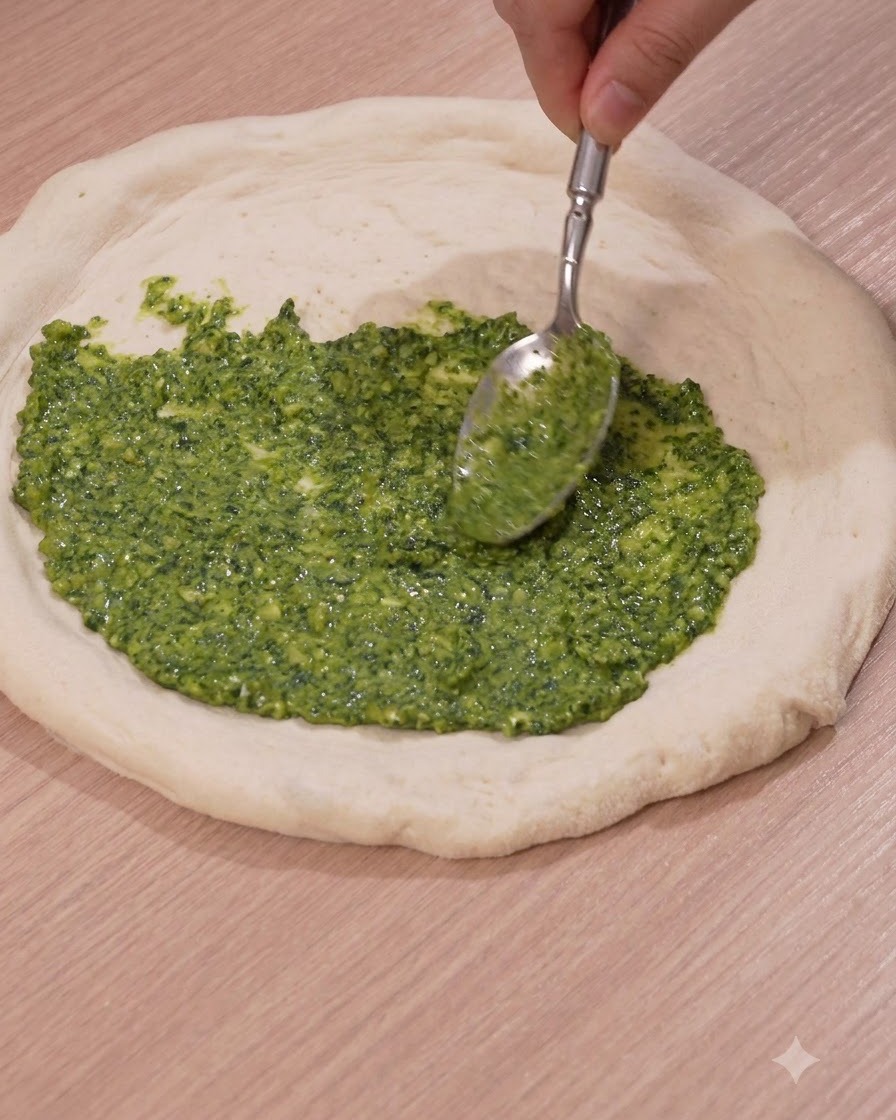Łyżka gładko rozprowadzająca jaskrawozielony sos pesto po środku okrągłego, surowego ciasta na pizzę.