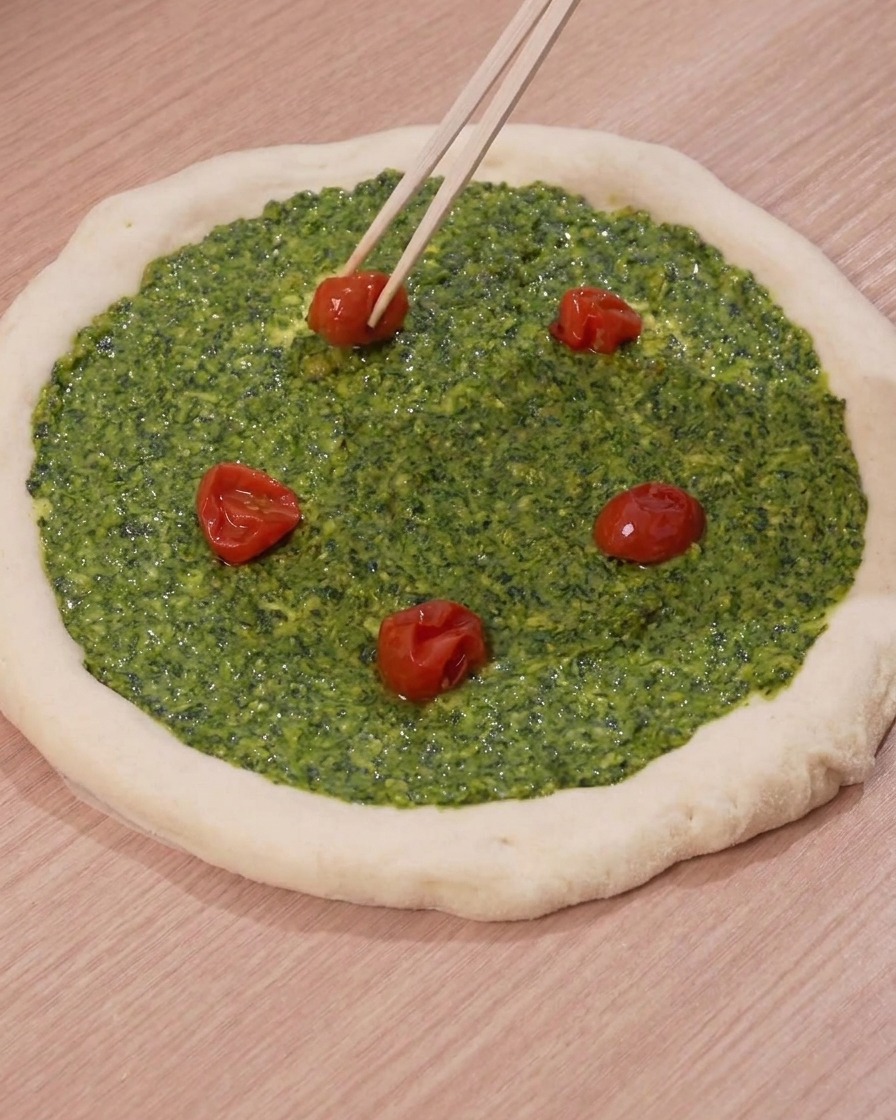 Pałeczki kładące połówki pieczonych pomidorków koktajlowych na pizzę pokrytą zielonym pesto.