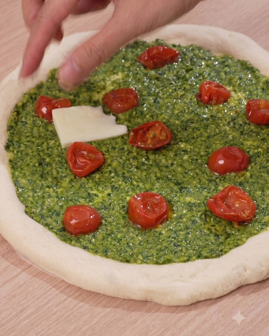 Grube plastry białej mozzarelli układane na pizzy z pesto i pomidorkami.