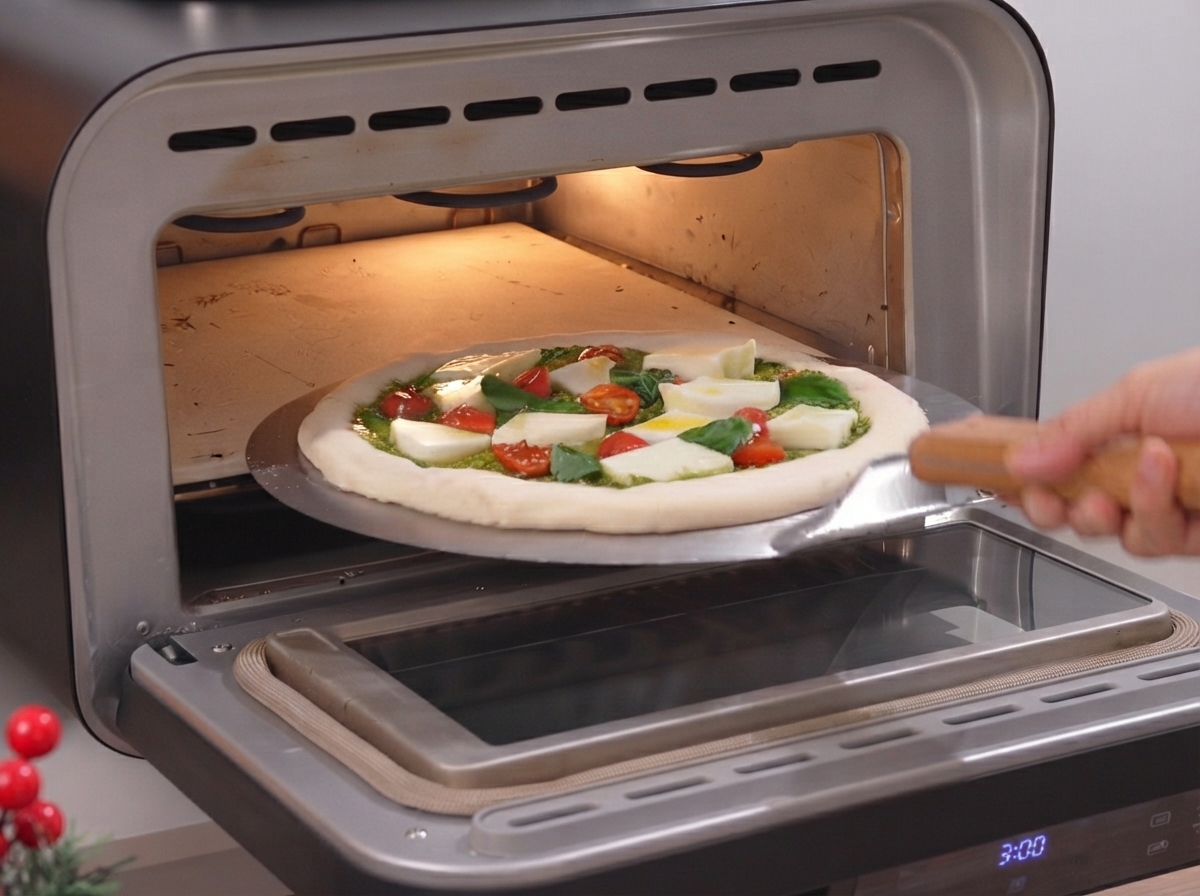 W pełni złożona, surowa pizza zsuwana z łopaty do żarzącego się wnętrza gorącego pieca do pizzy.
