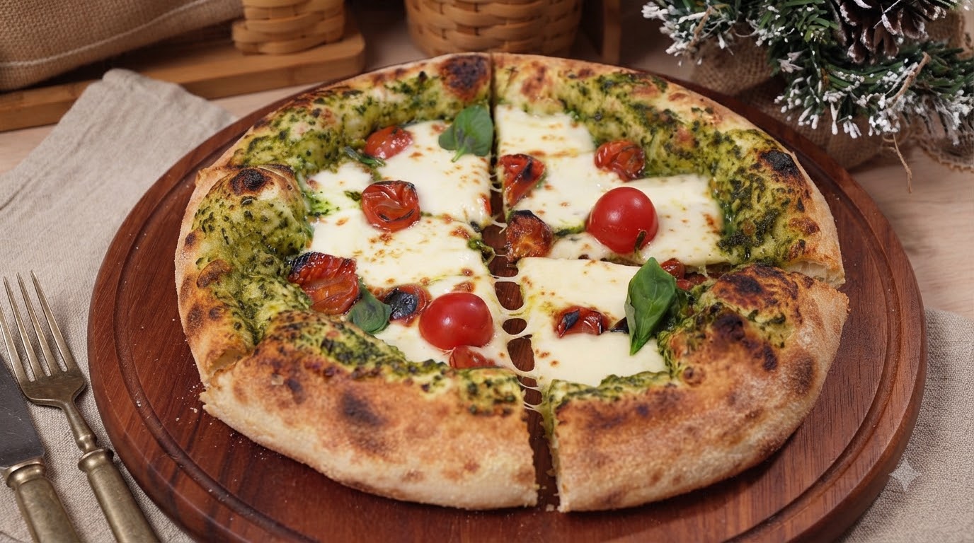Domowa rzemieślnicza pizza z pesto i pieczonymi pomidorkami
