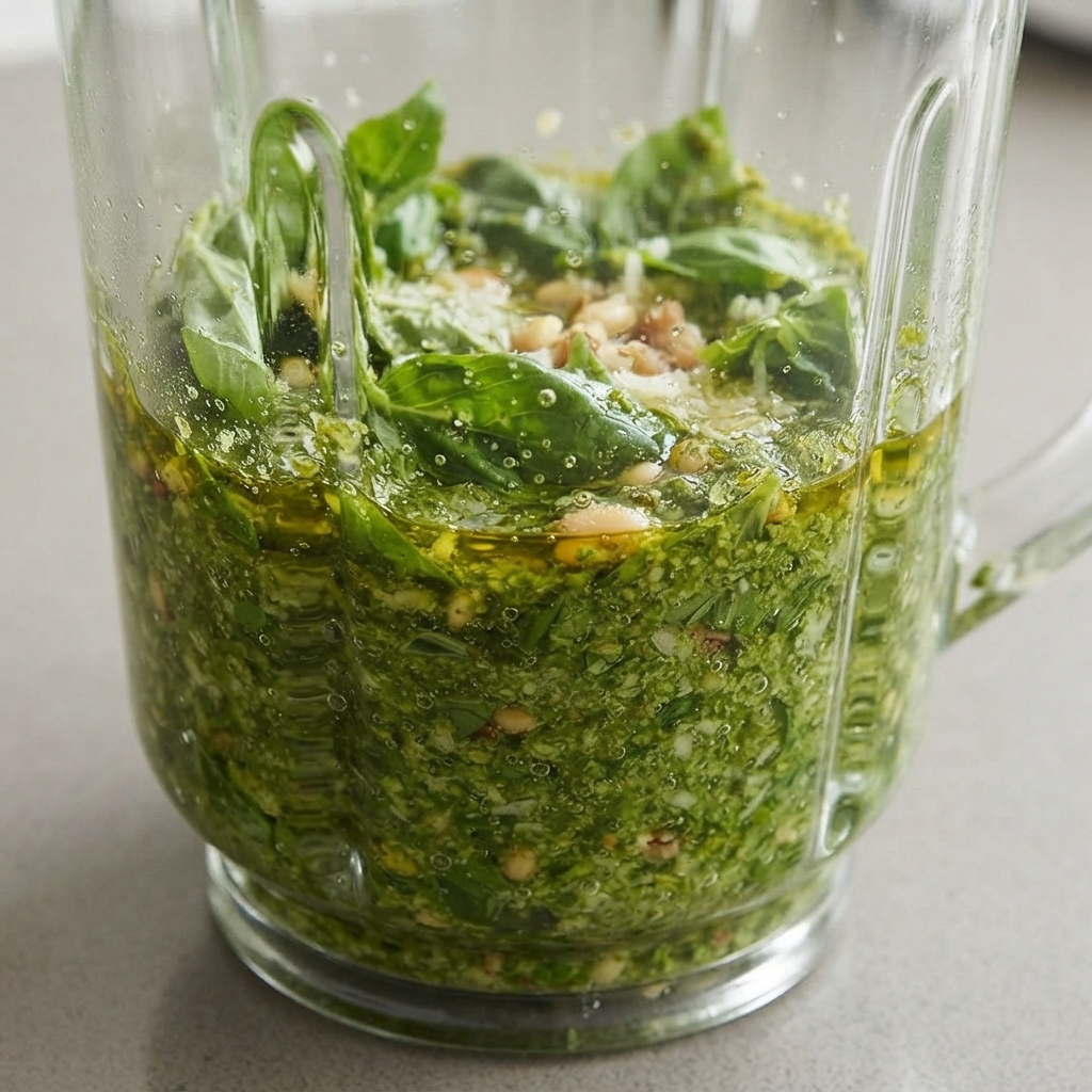Świeżo zmiksowane zielone pesto bazyliowe w szklanym pojemniku z silikonową łopatką.