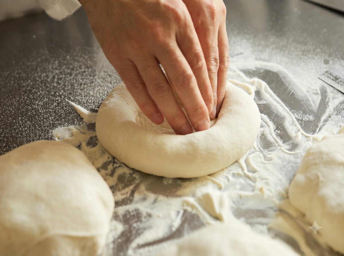 Dłonie naciskające i formujące kulę ciasta na pizzę w okrągły dysk.