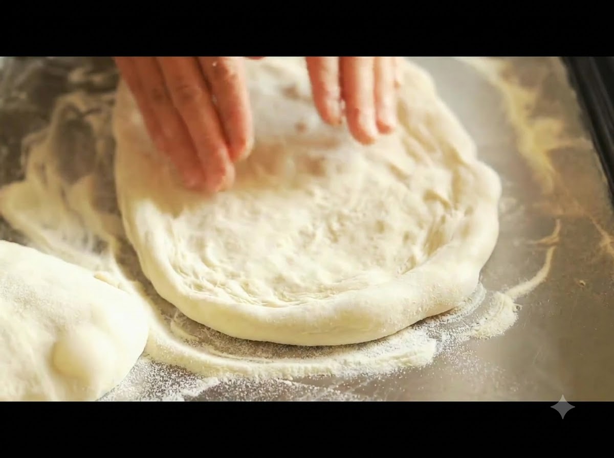 Zielone sos pesto rozsmarowywany równomiernie na okrągłym spodzie do pizzy.