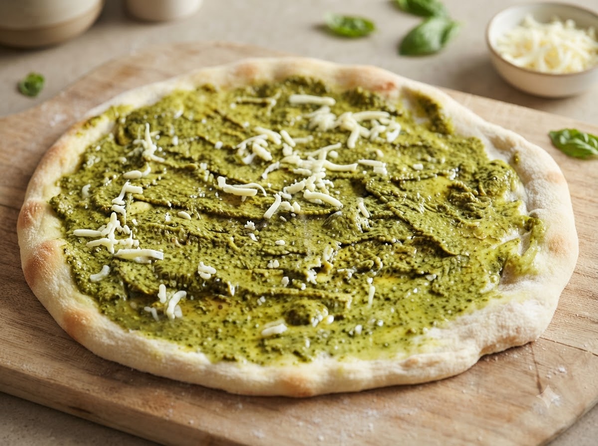 Spód do pizzy posmarowany zielonym pesto i posypany startą mozzarellą.