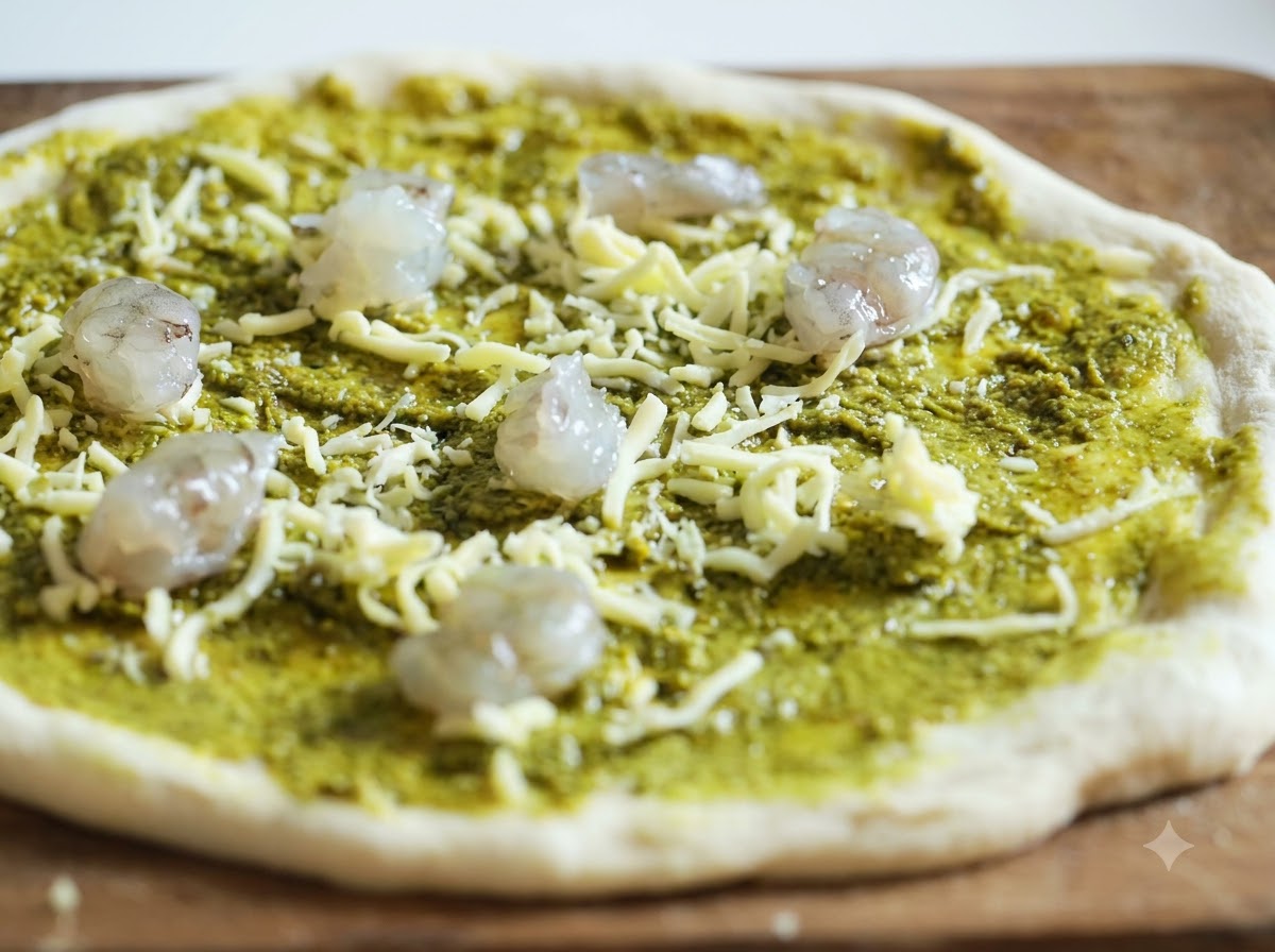 Surowe krewetki rozłożone równomiernie na spodzie pizzy z pesto i serem.