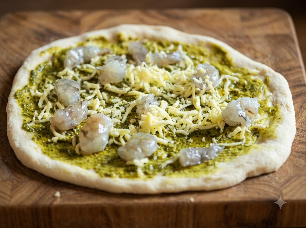 Kawałki świeżej sera mozzarella układane na przygotowywanej pizzy.