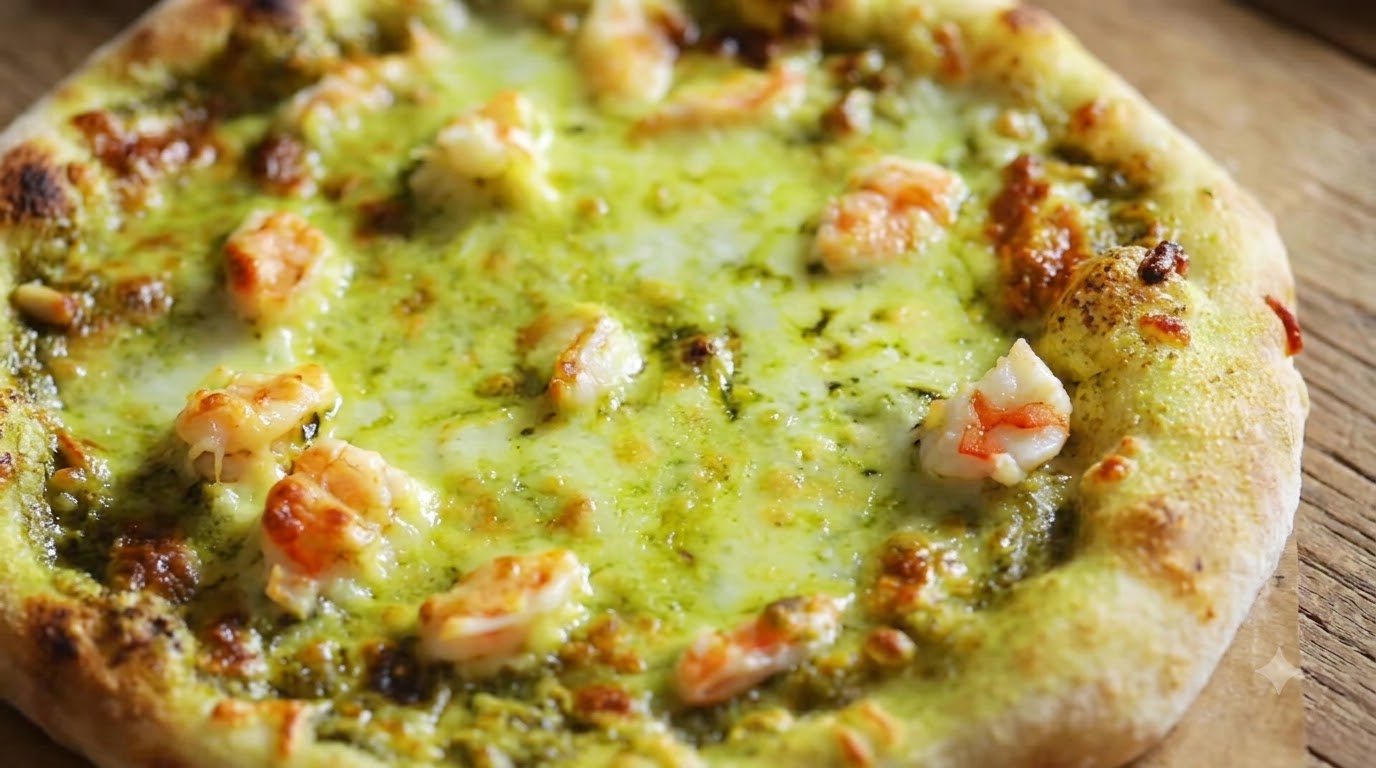Rustikalna pizza z bazyliowym pesto i krewetkami