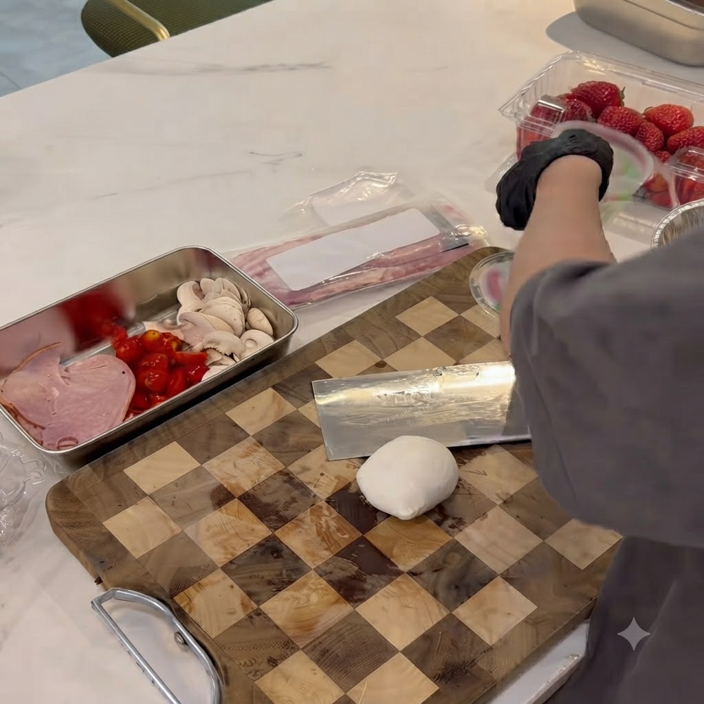 Krojenie świeżych kulek sera mozzarella na desce do krojenia.