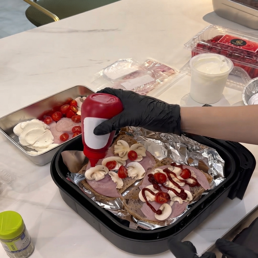 Osoba w rękawiczce wyciskająca czerwoną butelkę ketchupu na pokrojone pieczarki i szynkę na chlebie.