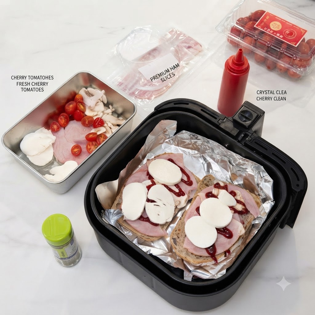 Grube plastry świeżego sera mozzarella starannie ułożone na szynce i dodatkach we frytkownicy beztłuszczowej.