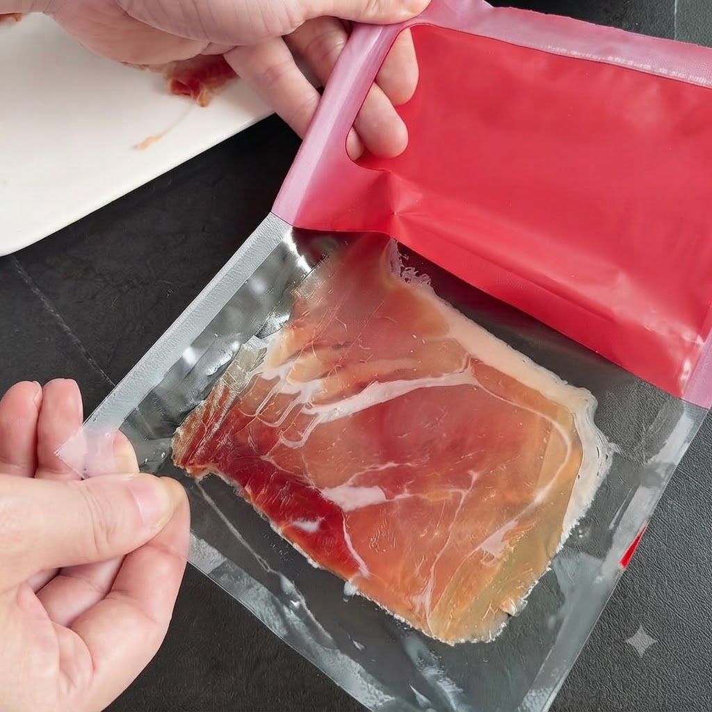 Zbliżenie rąk otwierających próżniowo pakowane plastry dojrzewającej hiszpańskiej szynki.