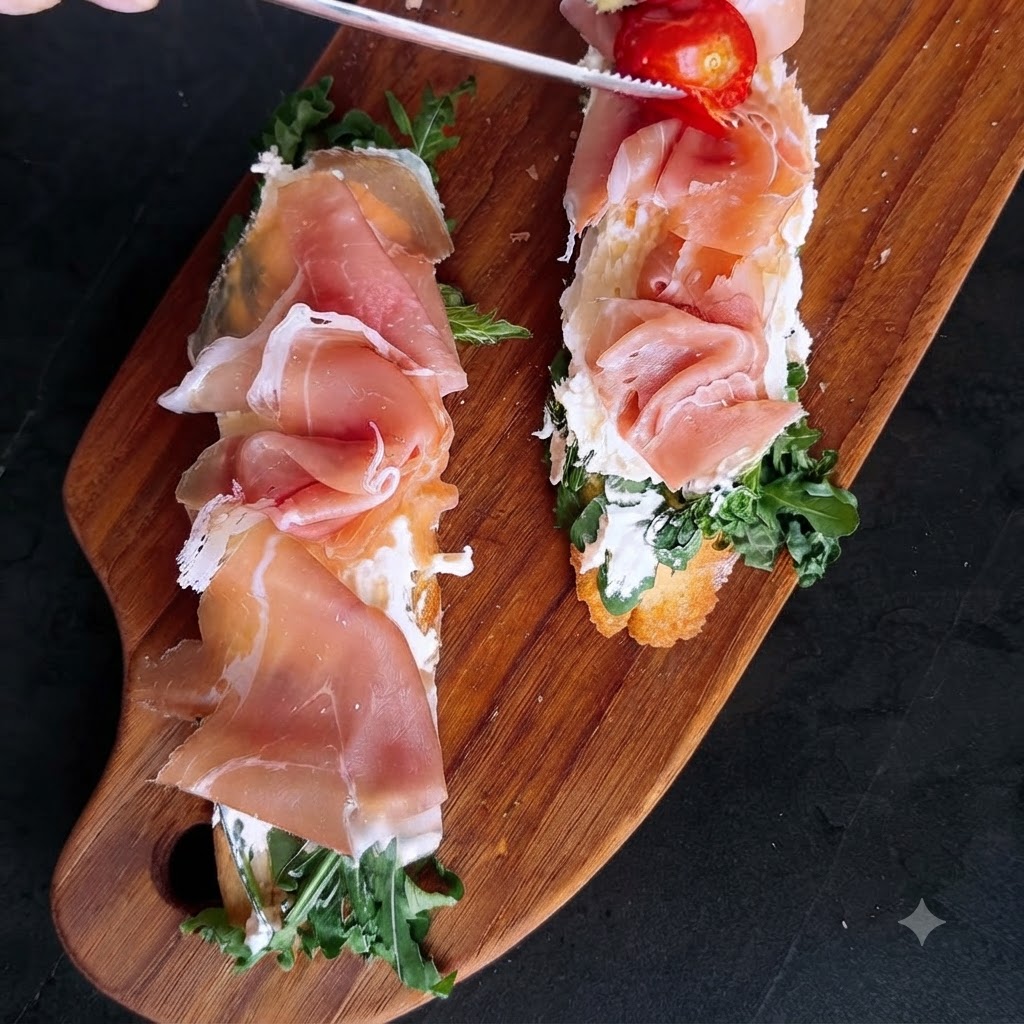 Szczypce układające pieczone pomidorki koktajlowe na zmontowanych tapas z szynką i serem.