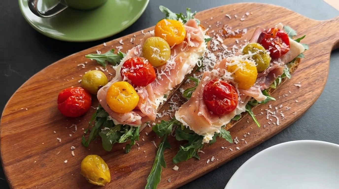 Tapas z pieczonym czosnkiem, pomidorkami i hiszpańską szynką