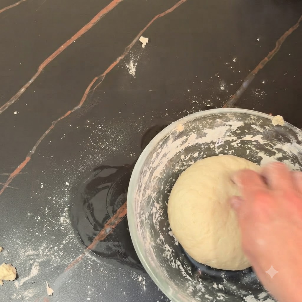 Dłoń wyrabiająca gładką kulę ciasta na pizzę wewnątrz szklanej miski na ciemnym blacie.
