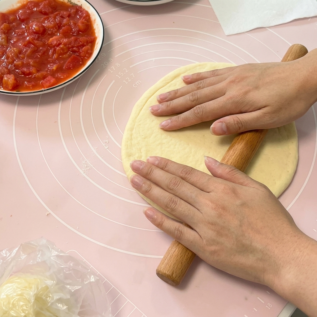 Dwie dłonie używające drewnianego wałka do spłaszczenia ciasta na pizzę w cienki okrągły arkusz na różowej macie silikonowej.