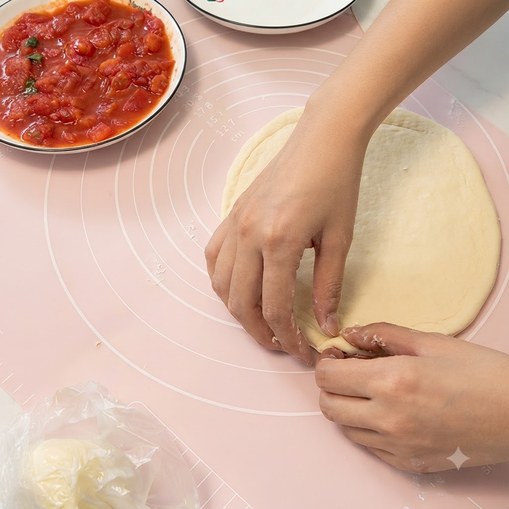 Dłonie składające krawędź rozwałkowanego okręgu ciasta do wewnątrz, aby utworzyć podwyższony brzeg pizzy na różowej macie silikonowej.