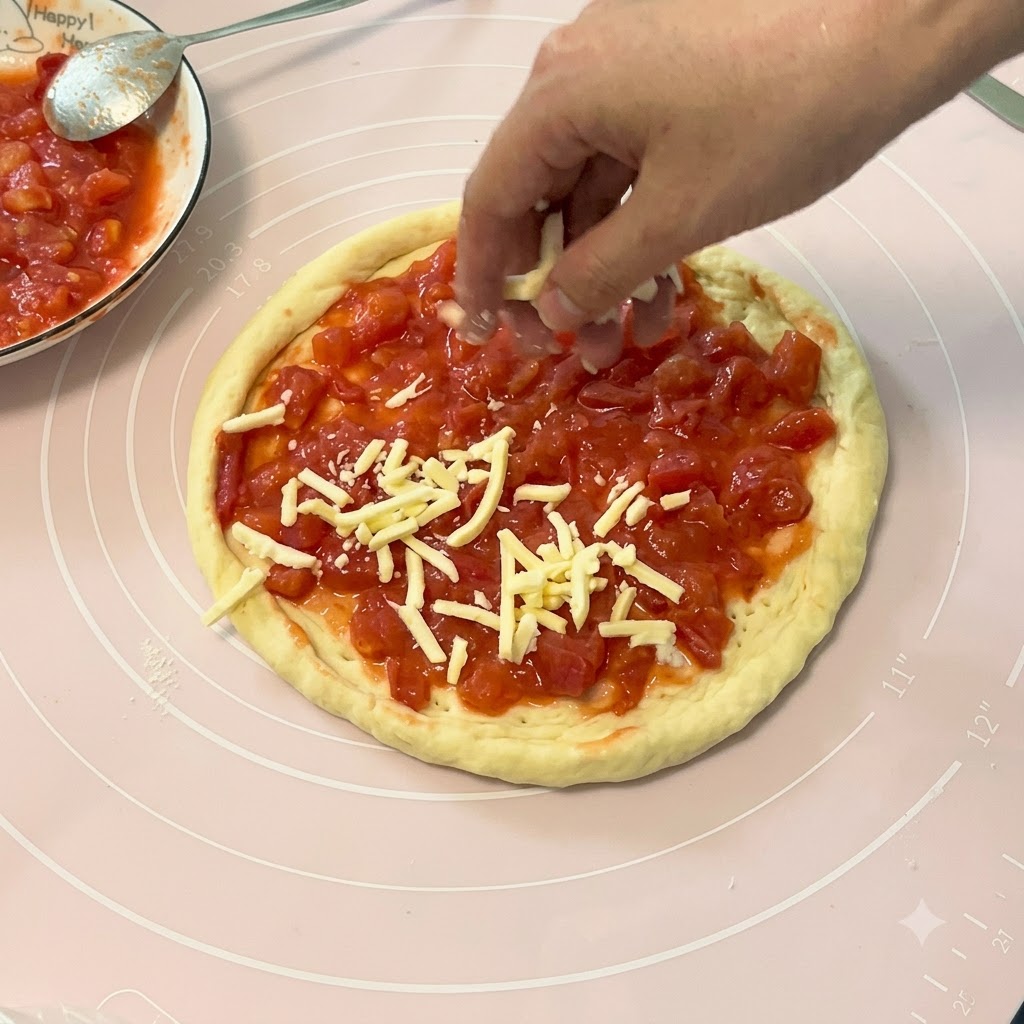 Dłoń posypująca startym serem warstwę ugotowanych pokrojonych pomidorów rozłożonych na surowej bazie z ciasta na pizzę.
