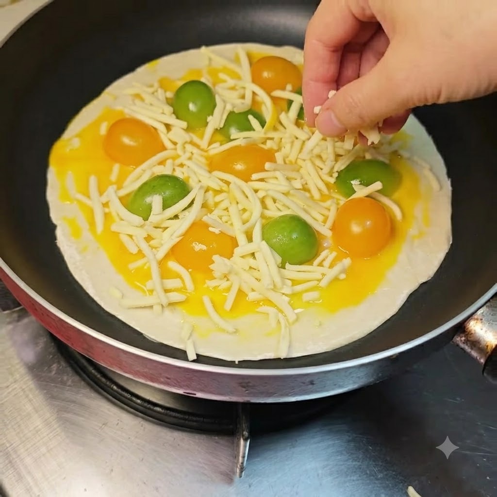 Starty ser mozzarella posypywany ręcznie na warstwę pomidorów i jajka.