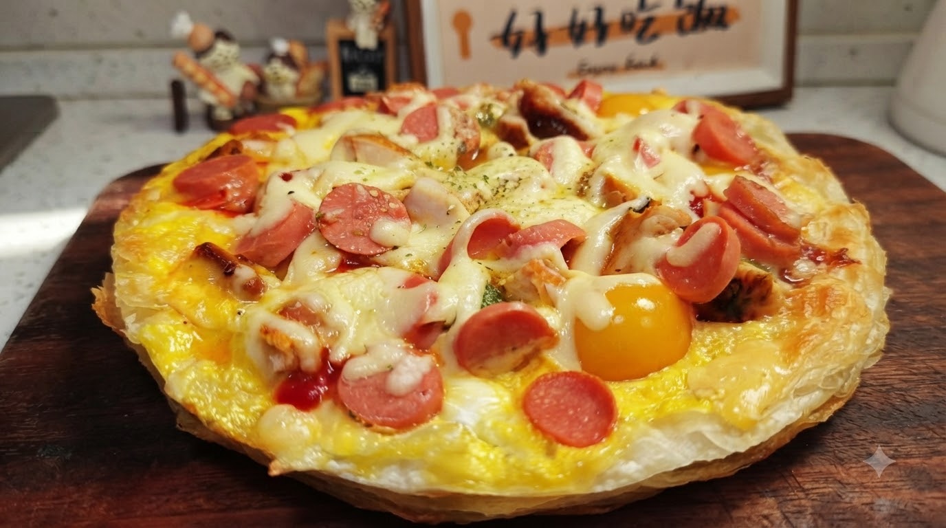 Świeżo upieczona pizza na placku z dymką leżąca na ciemnej, drewnianej desce do krojenia, posypana roztopioną mozzarellą, plasterkami kiełbasy, kawałkami kurczaka i połówkami pomidorków koktajlowych.