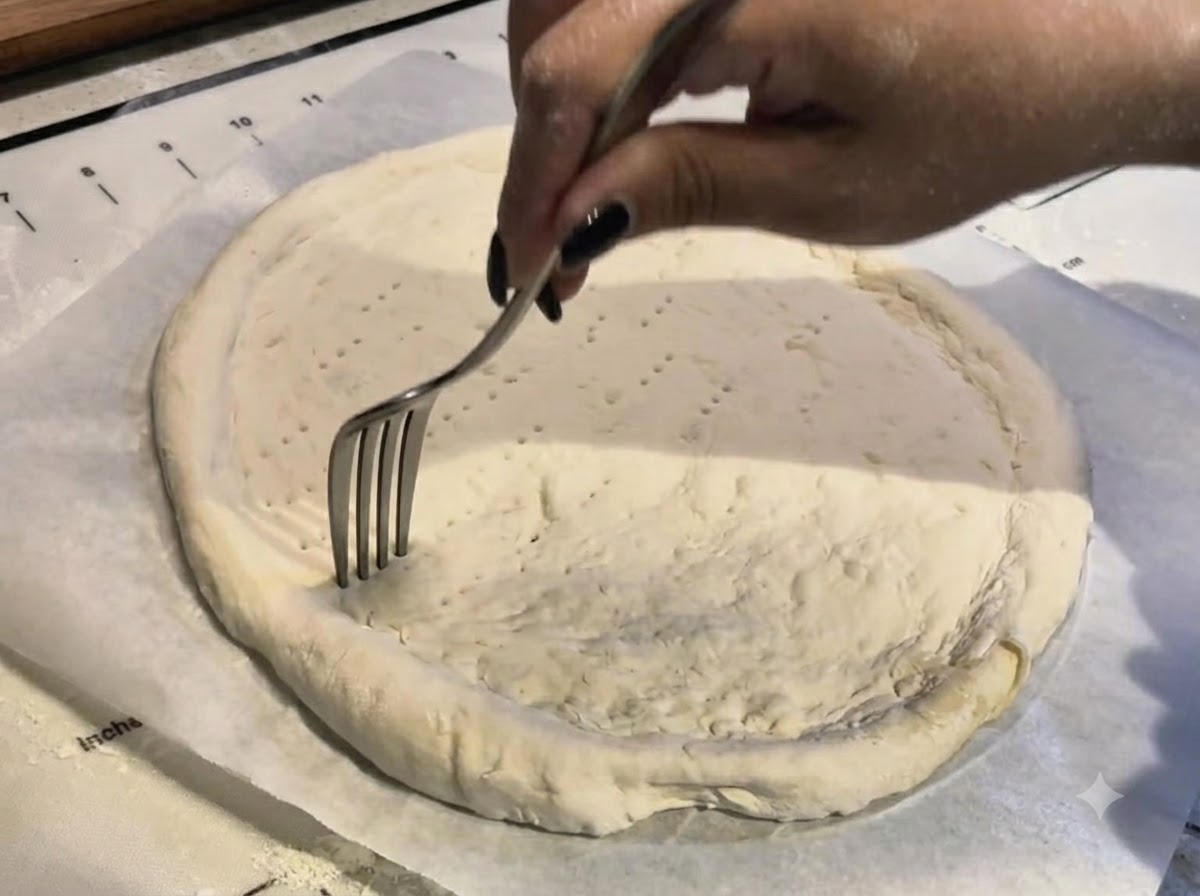 Dłoń używająca metalowego widelca do robienia małych, równych dziurek na środku rozciągniętego spodu do pizzy.