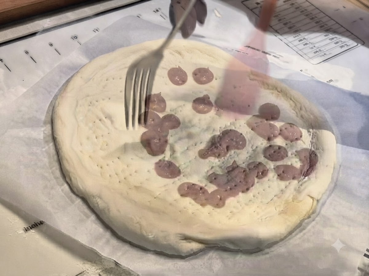 Różowa silikonowa łopatka rozprowadzająca równomiernie kropelki sosu do pizzy na środku ciasta.