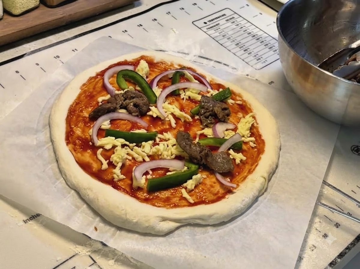 Spód do pizzy pokryty sosem, startym serem, paskami zielonej papryki, cebulą i kawałkami ugotowanego mięsa.