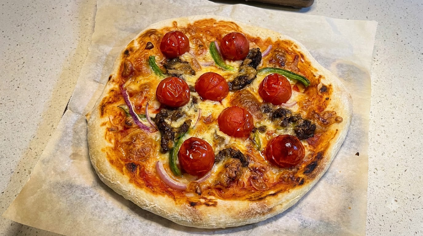 Domowa pizza z pomidorami i wołowiną na cieście długodojrzewającym