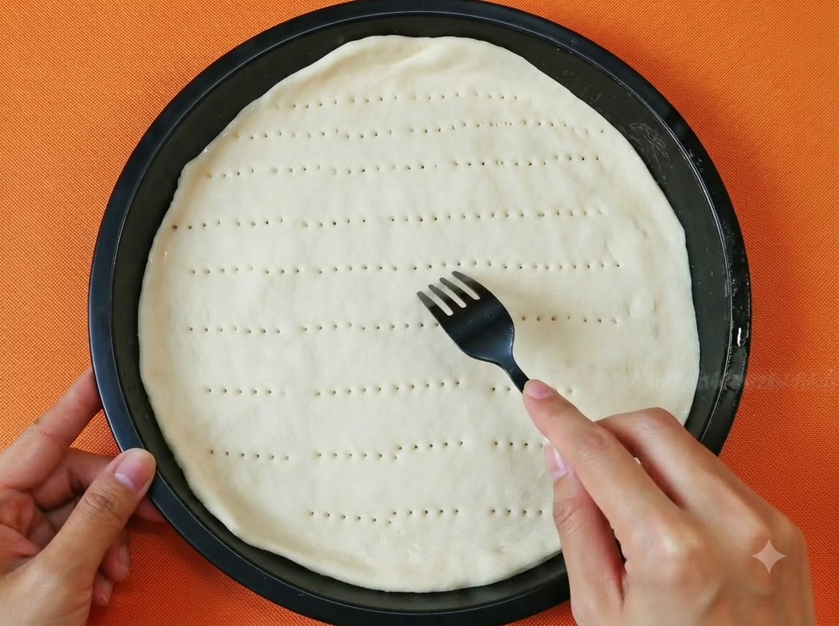 Dłoń używająca czarnego plastikowego widelca do nakłuwania małych dziurek na płaskim białym cieście do pizzy w czarnej formie.