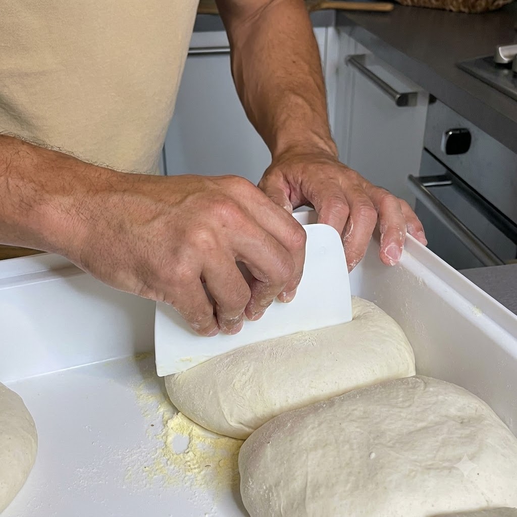 Osoba podnosząca kulę ciasta na pizzę za pomocą skrobaczki z białego pojemnika na powierzchnię posypaną kaszką kukurydzianą.
