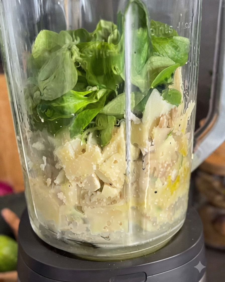 Żywo zielony sos pesto wlewany z dzbanka blendera do słoika do przechowywania.