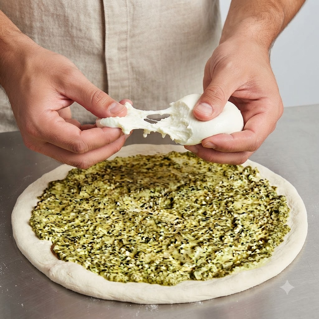 Dłonie rwące i układające kawałki białego sera na bazie z ciasta pokrytego pesto.