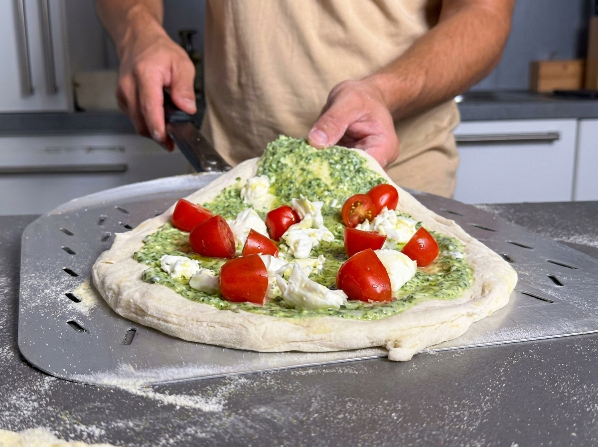 Metalowa łopata trzymająca przygotowaną pizzę w trakcie wsuwania do gorącego pieca do pizzy.