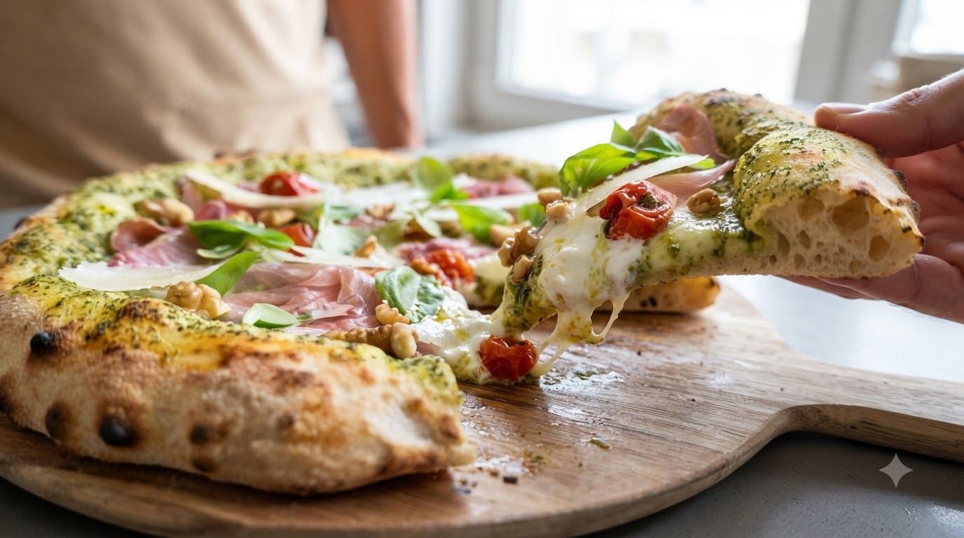 Neapolitańska pizza z pesto, burratą, prosciutto i orzechami włoskimi