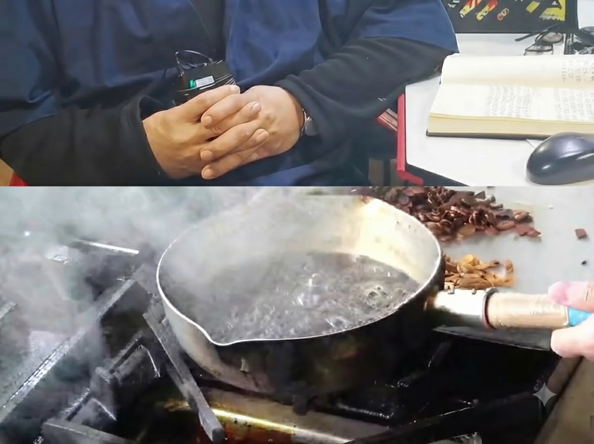 Zwęglone czarne plasterki czosnku wyjmowane z ciemnego, bulgoczącego oleju w rondelku.