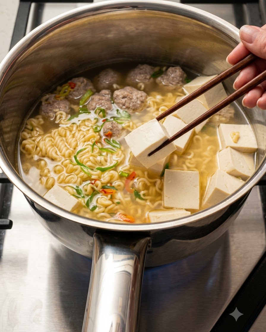 Pokrojone kimchi dodawane do garnka z makaronem, klopsikami i tofu, podczas gdy pałeczki przytrzymują kawałek tofu.