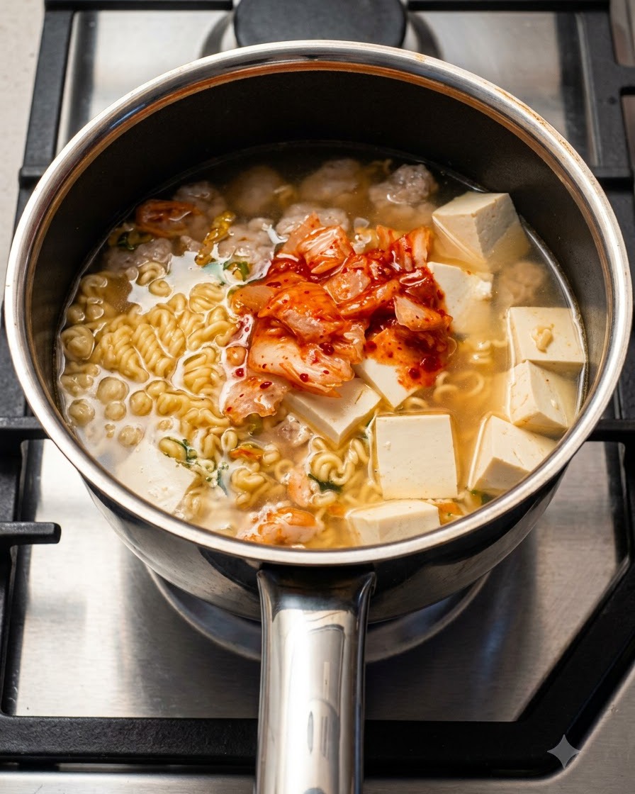 Proszek przyprawowy wsypywany z małej saszetki bezpośrednio do garnka wypełnionego bulionem, makaronem, tofu i kimchi.