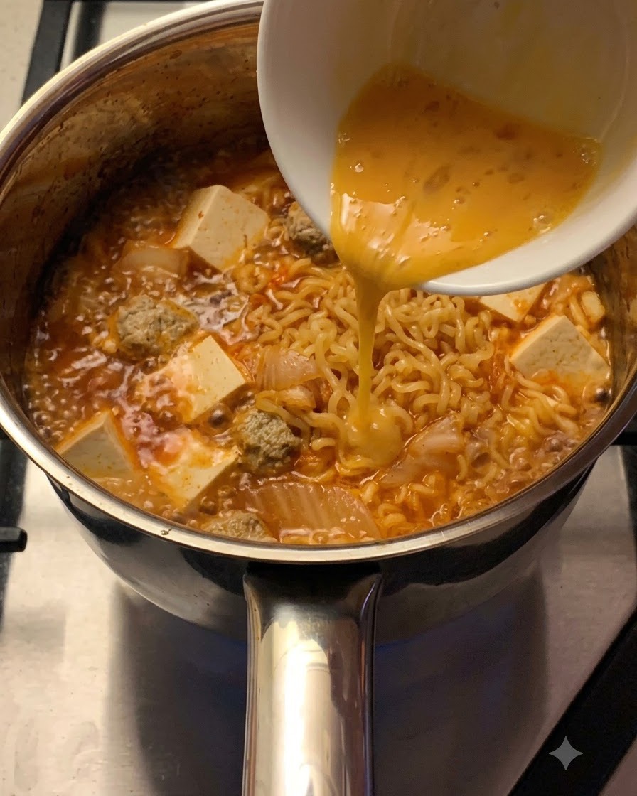 Roztrzepane jajko wlewane powolnym, jednostajnym strumieniem z białej miski do bulgoczącej zupy ramen z makaronem i tofu.